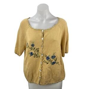 R&K Womens Yellow Floral Embroidered Short Sleeve Button Down Sweater Top Size M